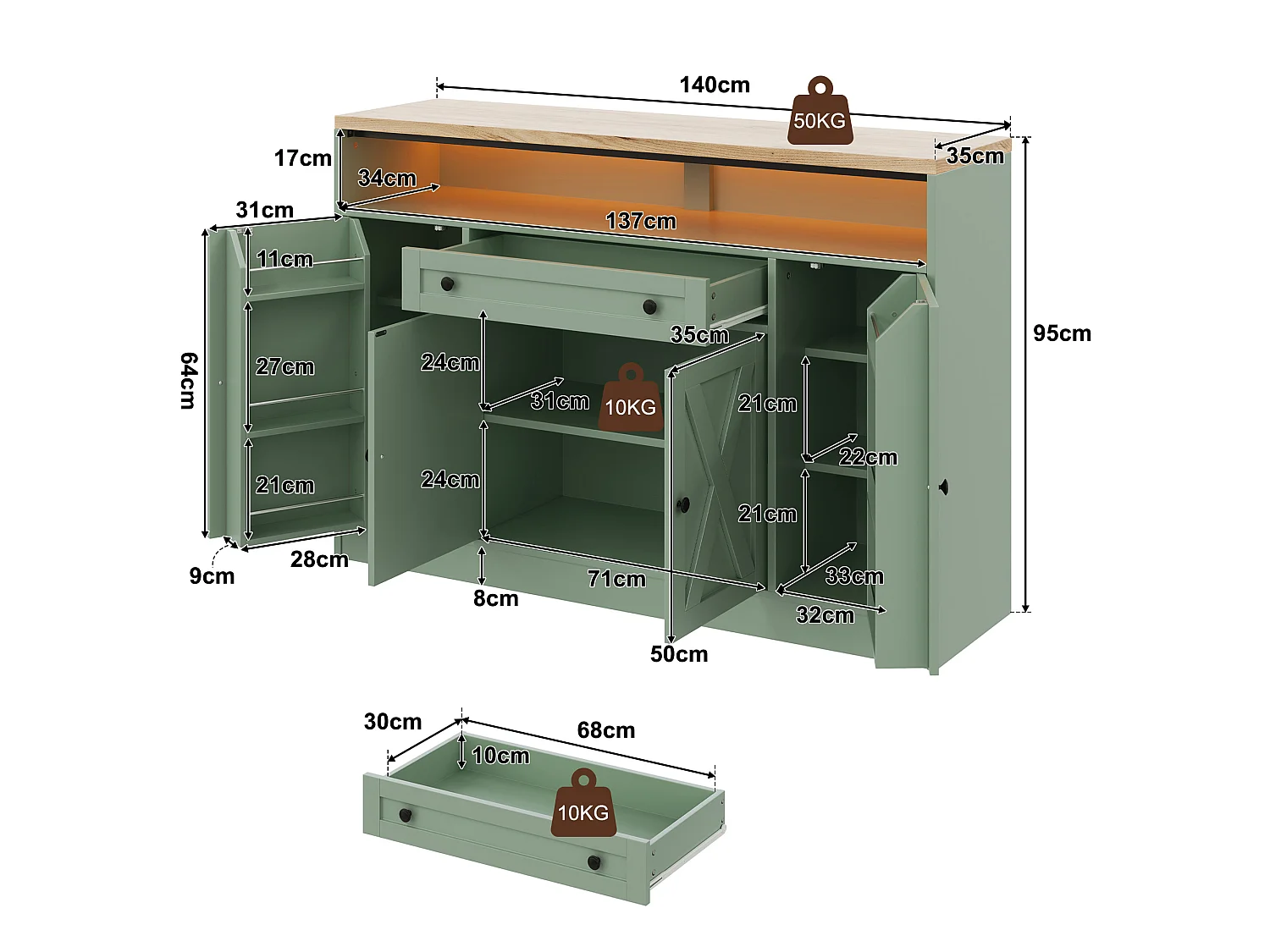 Buffet style grange 140x35x95cm - avec éclairage LED - avec 4 portes et 1 tiroir - étagères ouvertes - Vert