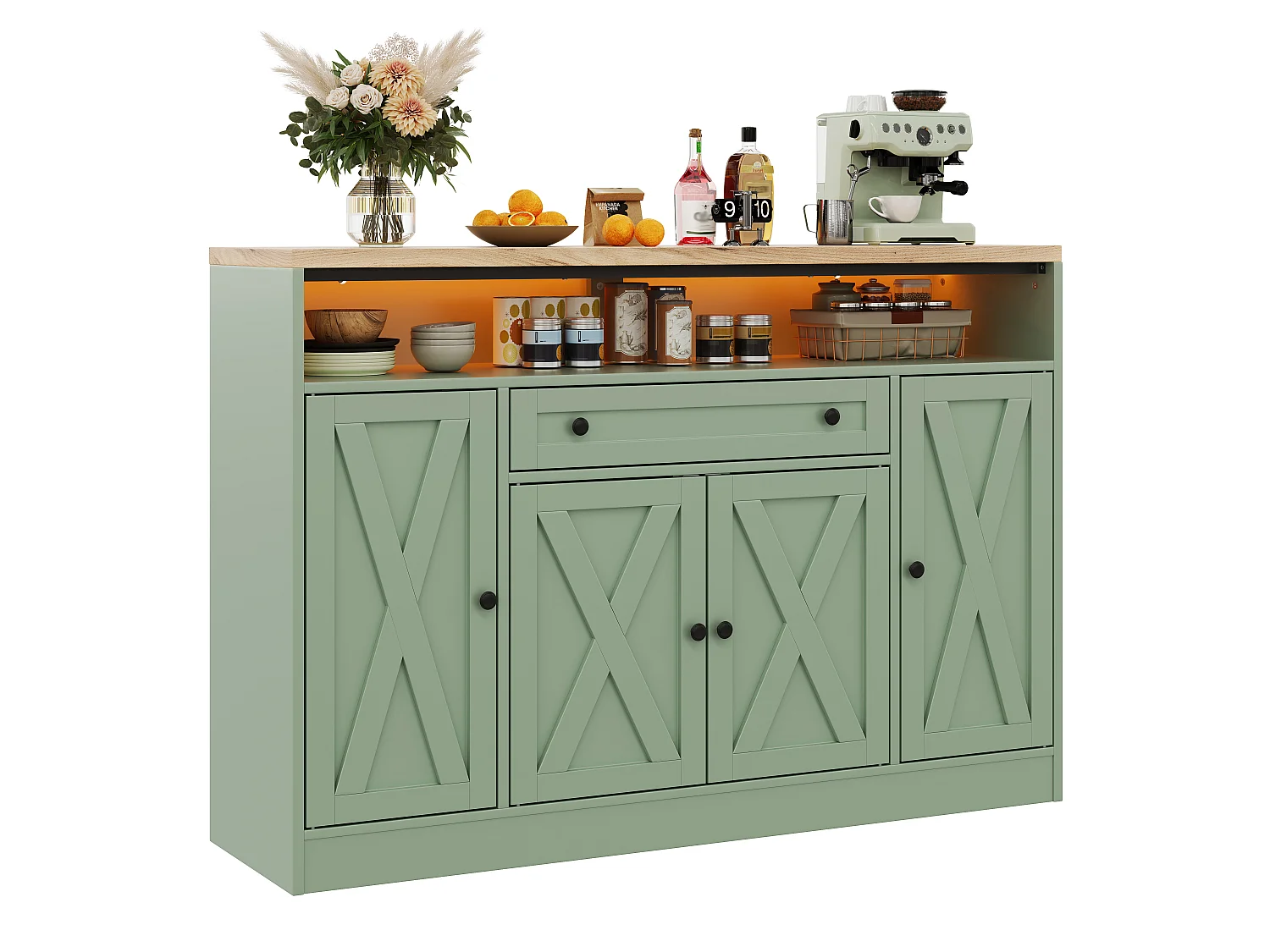 Buffet style grange 140x35x95cm - avec éclairage LED - avec 4 portes et 1 tiroir - étagères ouvertes - Vert