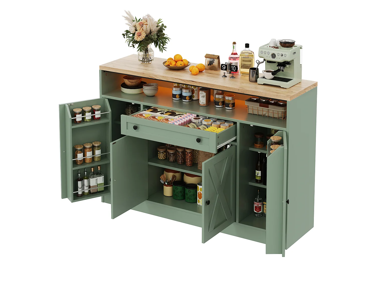 Buffet style grange 140x35x95cm - avec éclairage LED - avec 4 portes et 1 tiroir - étagères ouvertes - Vert