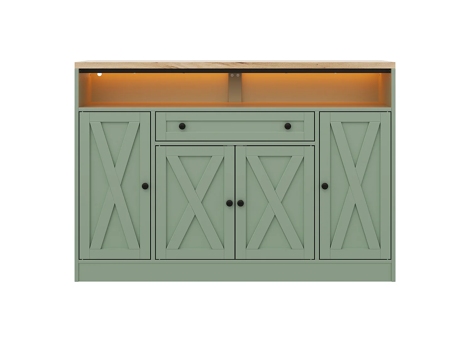Buffet style grange 140x35x95cm - avec éclairage LED - avec 4 portes et 1 tiroir - étagères ouvertes - Vert
