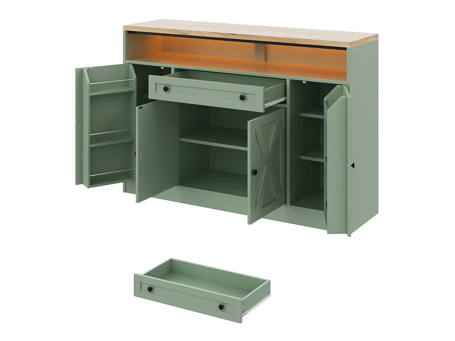 Buffet style grange 140x35x95cm - avec éclairage LED - avec 4 portes et 1 tiroir - étagères ouvertes - Vert