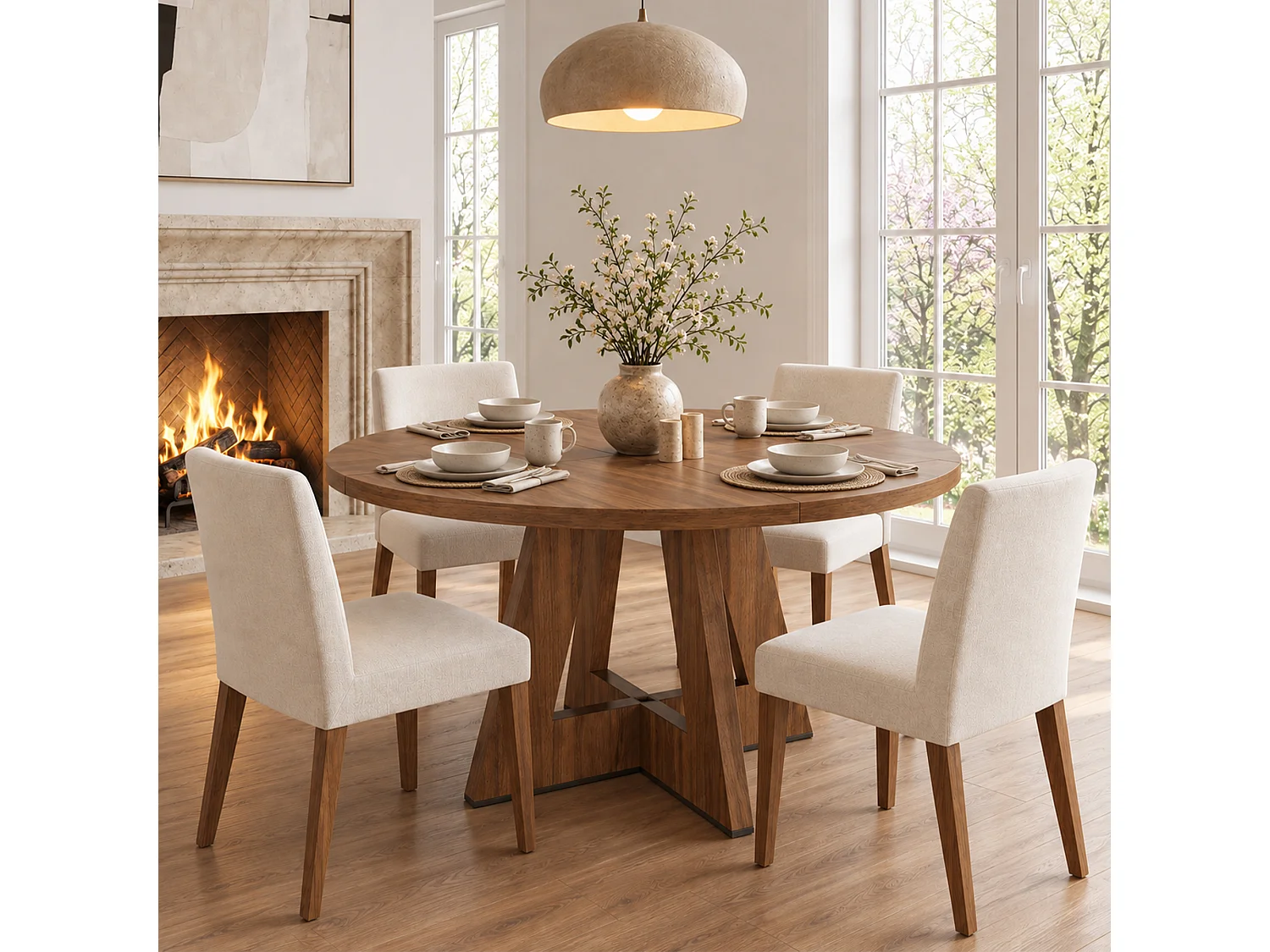 Round dining table 120x120x75 cm - For 4 to 6 people - Scandinavian style - Walnut finish - Brown (chairs not included)