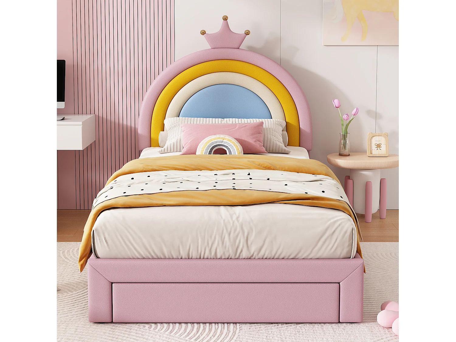 Lit rembourré pour enfants 90x200cm - avec 1 tiroir - tête de lit arc-en-ciel - hauteur de tête de lit réglable - PU - Rose (sans matelas)