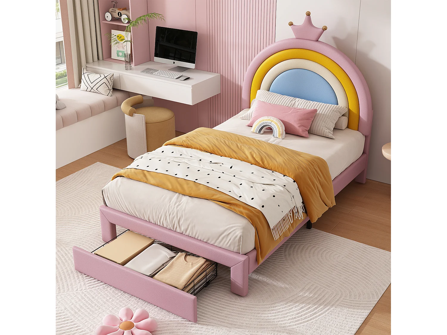 Lit rembourré pour enfants 90x200cm - avec 1 tiroir - tête de lit arc-en-ciel - hauteur de tête de lit réglable - PU - Rose (sans matelas)