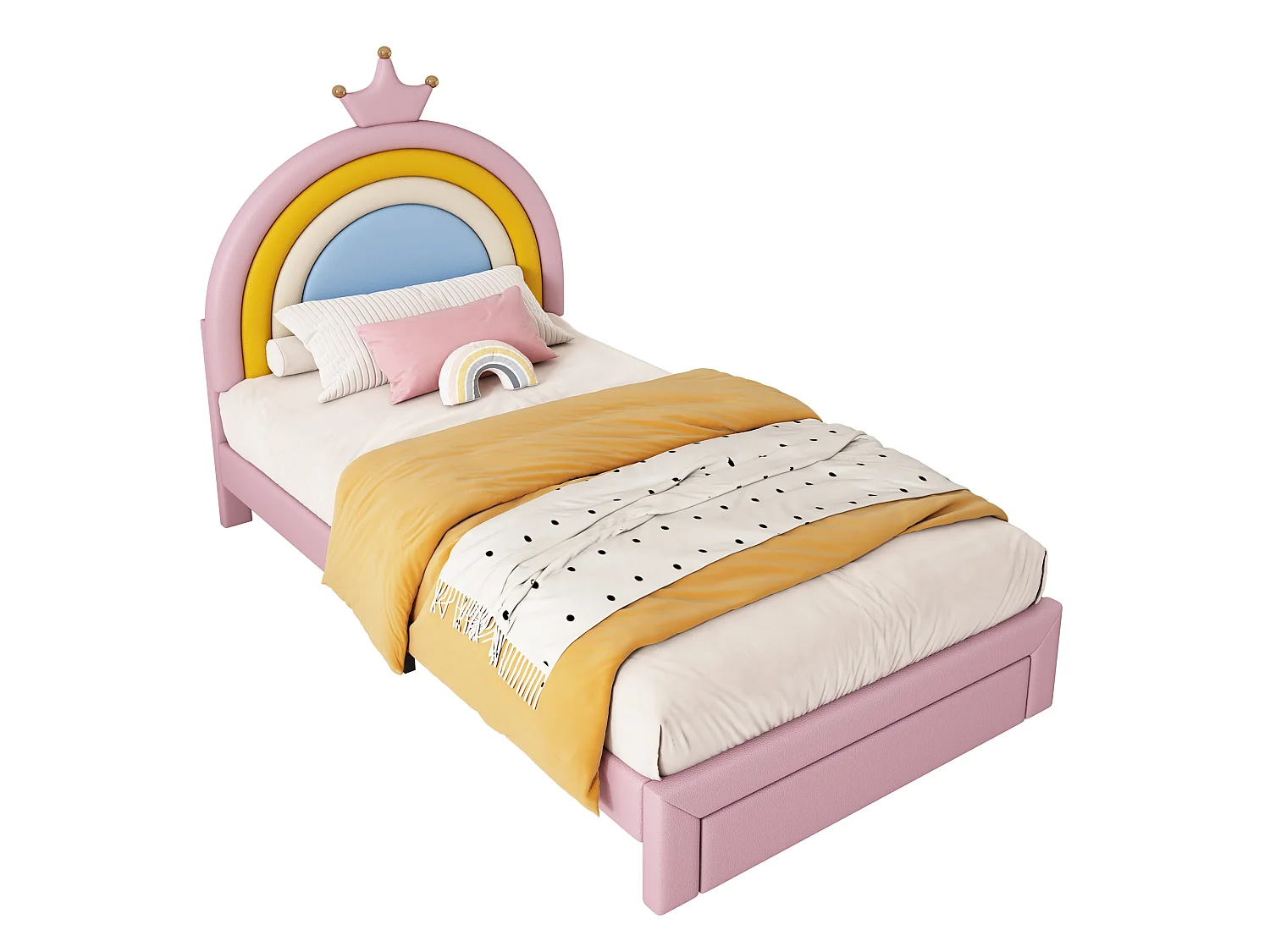 Lit rembourré pour enfants 90x200cm - avec 1 tiroir - tête de lit arc-en-ciel - hauteur de tête de lit réglable - PU - Rose (sans matelas)