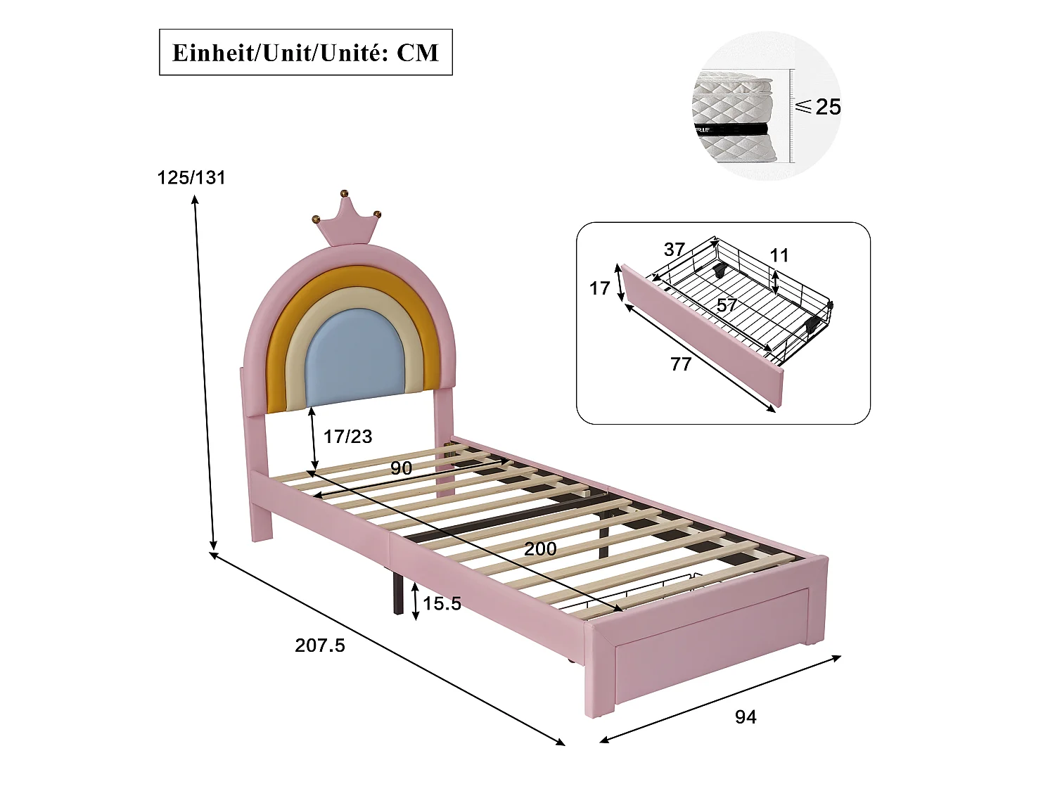 Lit rembourré pour enfants 90x200cm - avec 1 tiroir - tête de lit arc-en-ciel - hauteur de tête de lit réglable - PU - Rose (sans matelas)