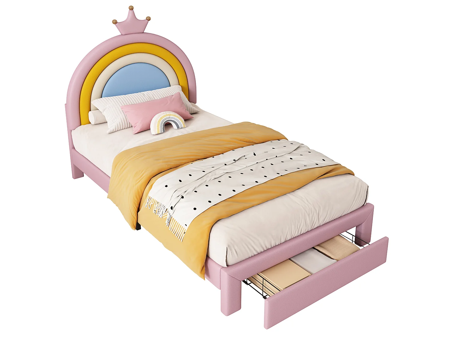 Lit rembourré pour enfants 90x200cm - avec 1 tiroir - tête de lit arc-en-ciel - hauteur de tête de lit réglable - PU - Rose (sans matelas)
