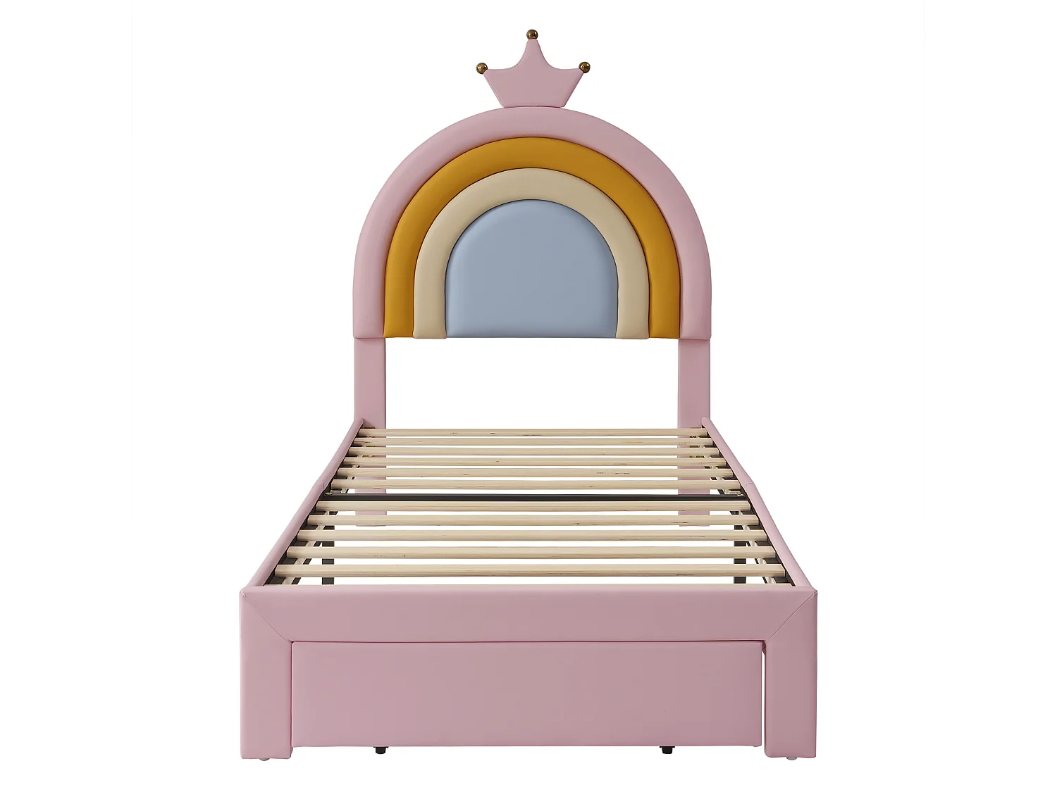 Lit rembourré pour enfants 90x200cm - avec 1 tiroir - tête de lit arc-en-ciel - hauteur de tête de lit réglable - PU - Rose (sans matelas)