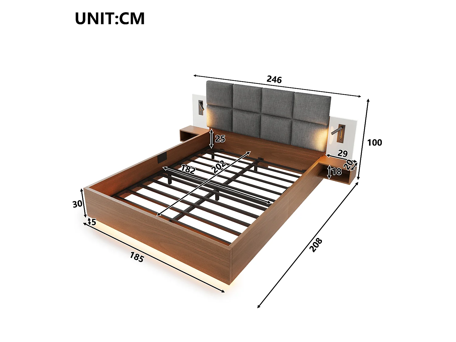 Dobbeltseng 180x200cm - med læselamper, USB-A/C-porte og LED-belysning - med 2 ophængte natborde - polstret hovedgærde - Grå+Valnød (madras ikke inkluderet)