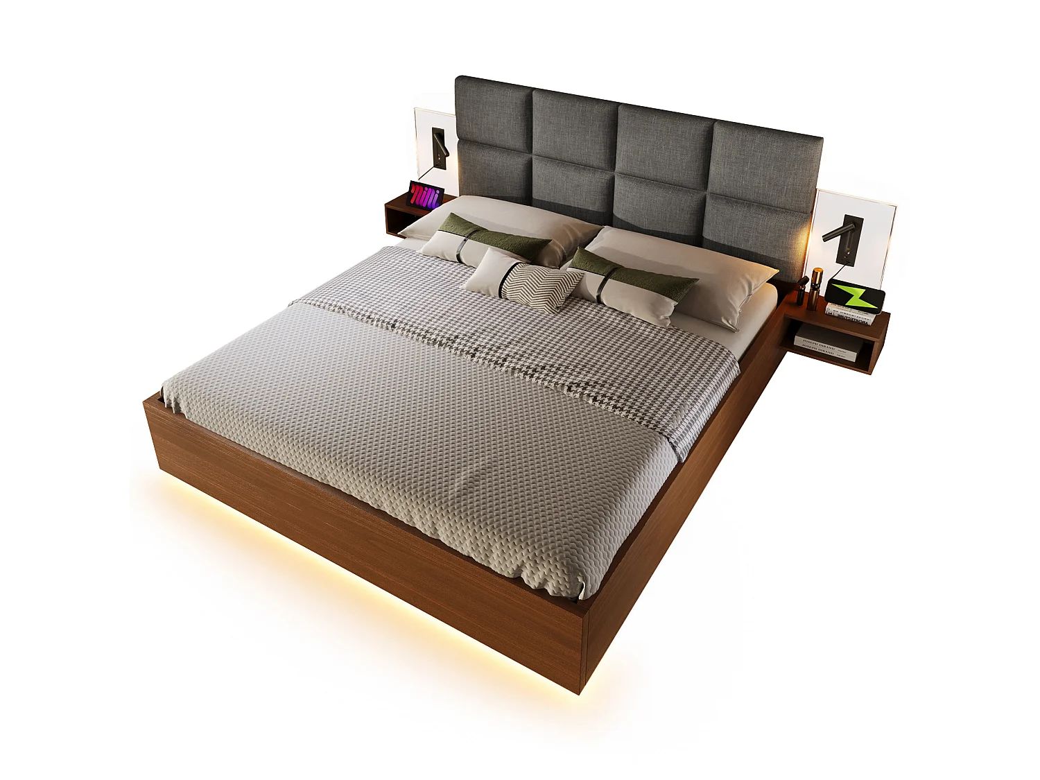 Dobbeltseng 180x200cm - med læselamper, USB-A/C-porte og LED-belysning - med 2 ophængte natborde - polstret hovedgærde - Grå+Valnød (madras ikke inkluderet)