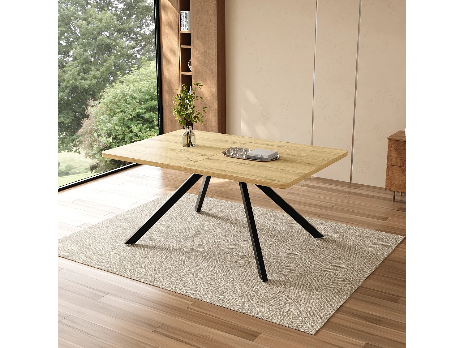 Ausziehbarer rechteckiger Esstisch für 6 bis 10 Personen, 3 Längen – MDF – 160–240 x 90 x 74,5 cm – Eiche