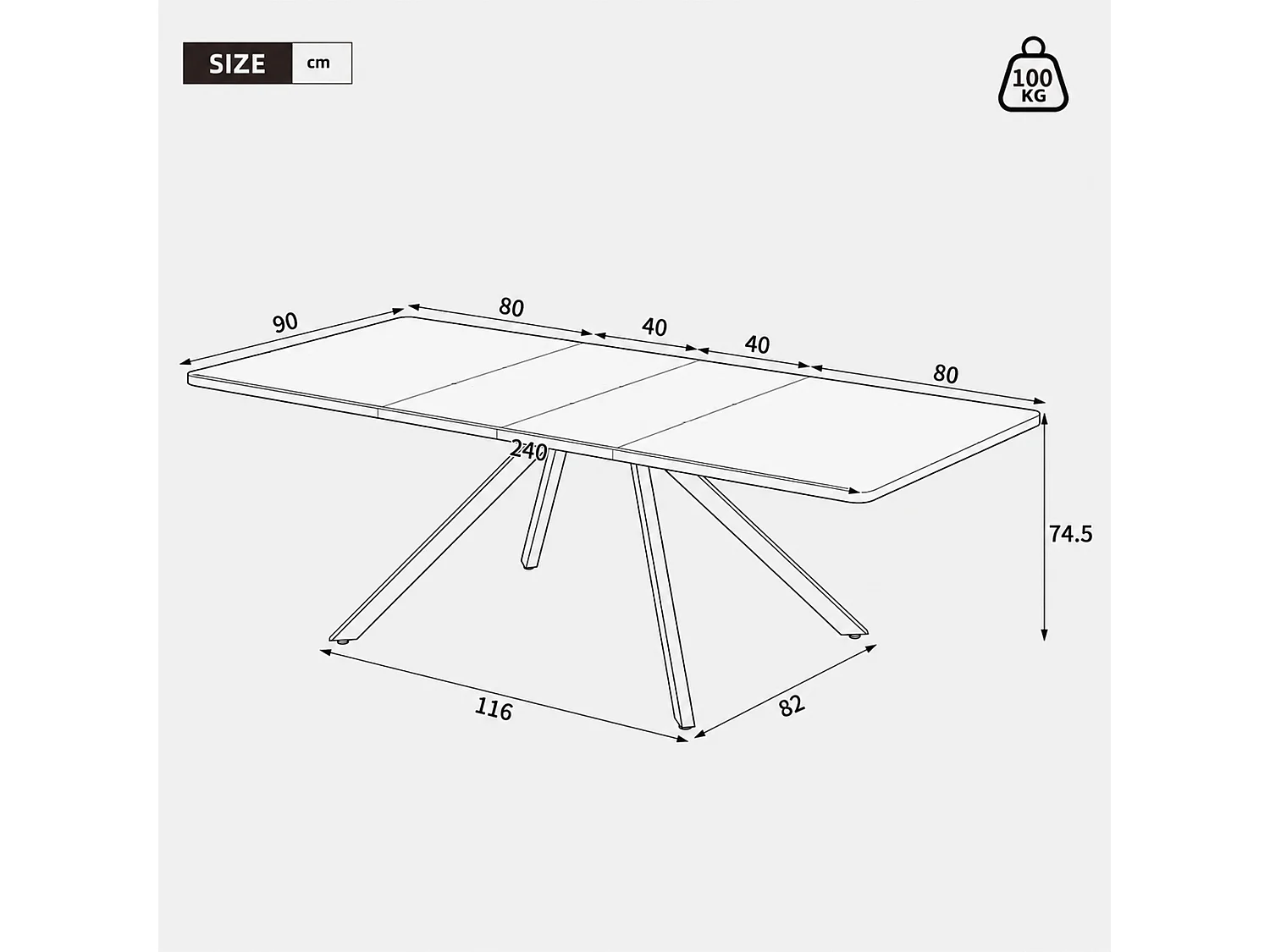 Ausziehbarer rechteckiger Esstisch für 6 bis 10 Personen, 3 Längen – MDF – 160–240 x 90 x 74,5 cm – Eiche