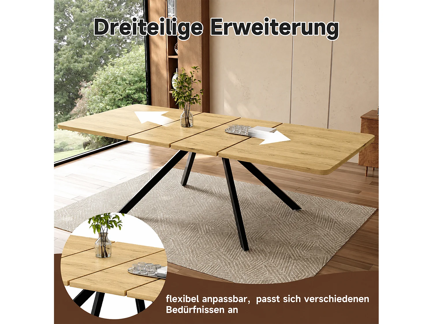 Ausziehbarer rechteckiger Esstisch für 6 bis 10 Personen, 3 Längen – MDF – 160–240 x 90 x 74,5 cm – Eiche