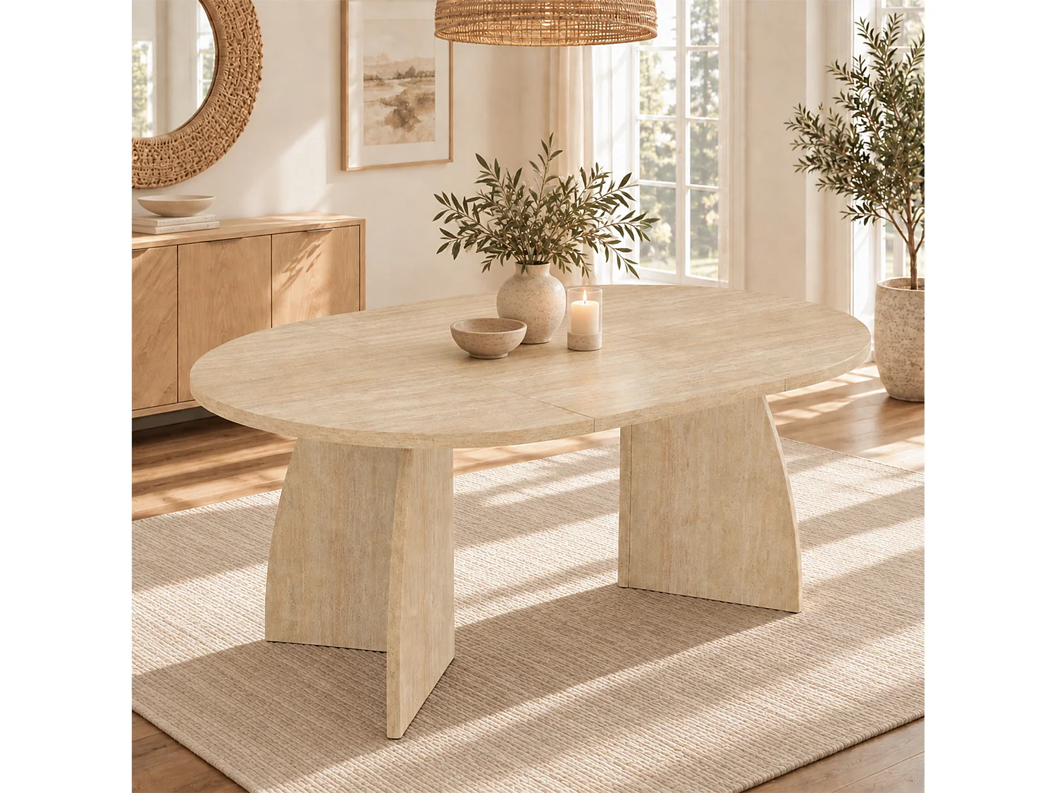 Extendable dining table 100/140/180 x 100 cm - Capacity for 4 to 8 people - Oval travertine top - Natural