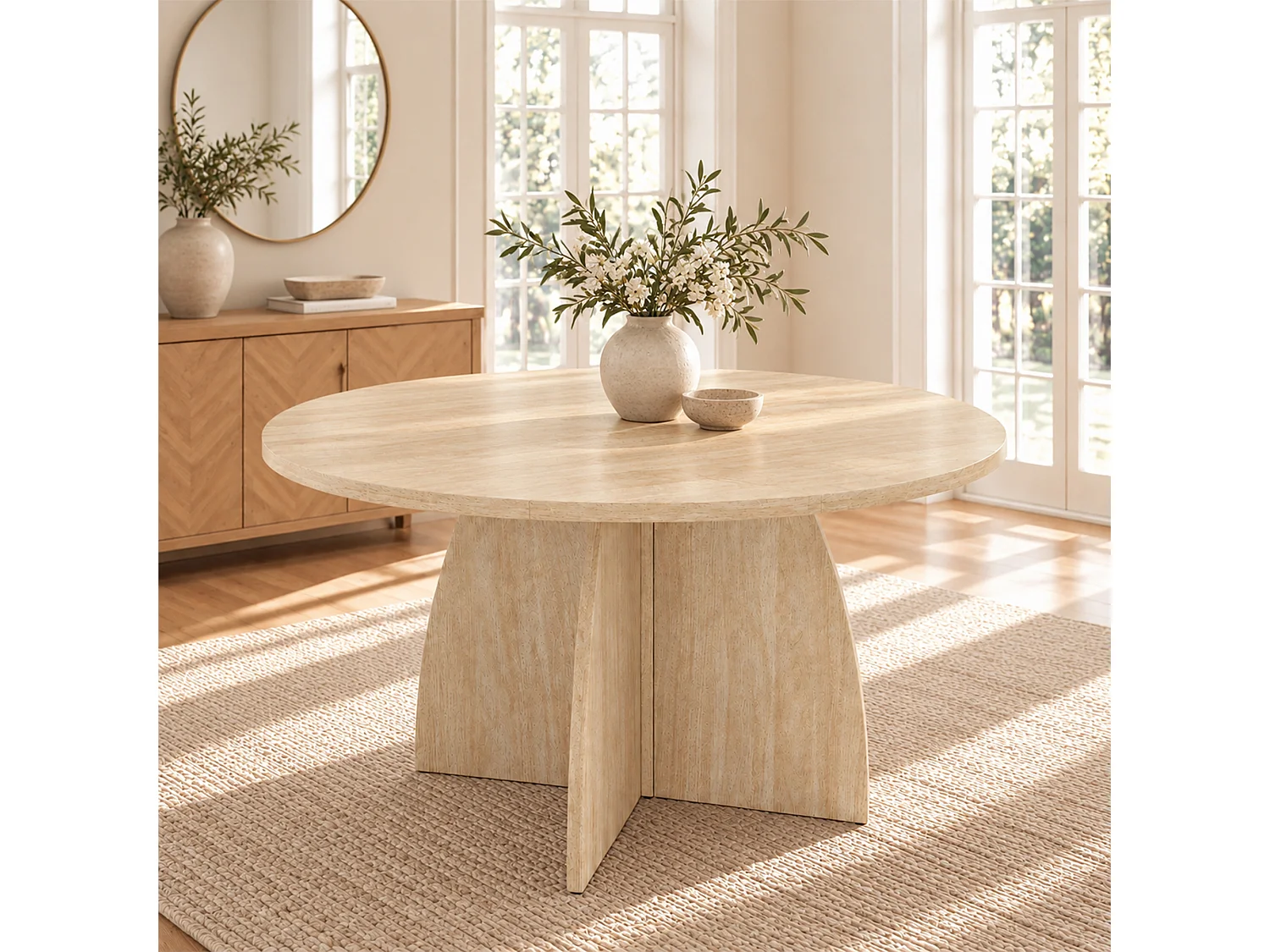 Extendable dining table 100/140/180 x 100 cm - Capacity for 4 to 8 people - Oval travertine top - Natural