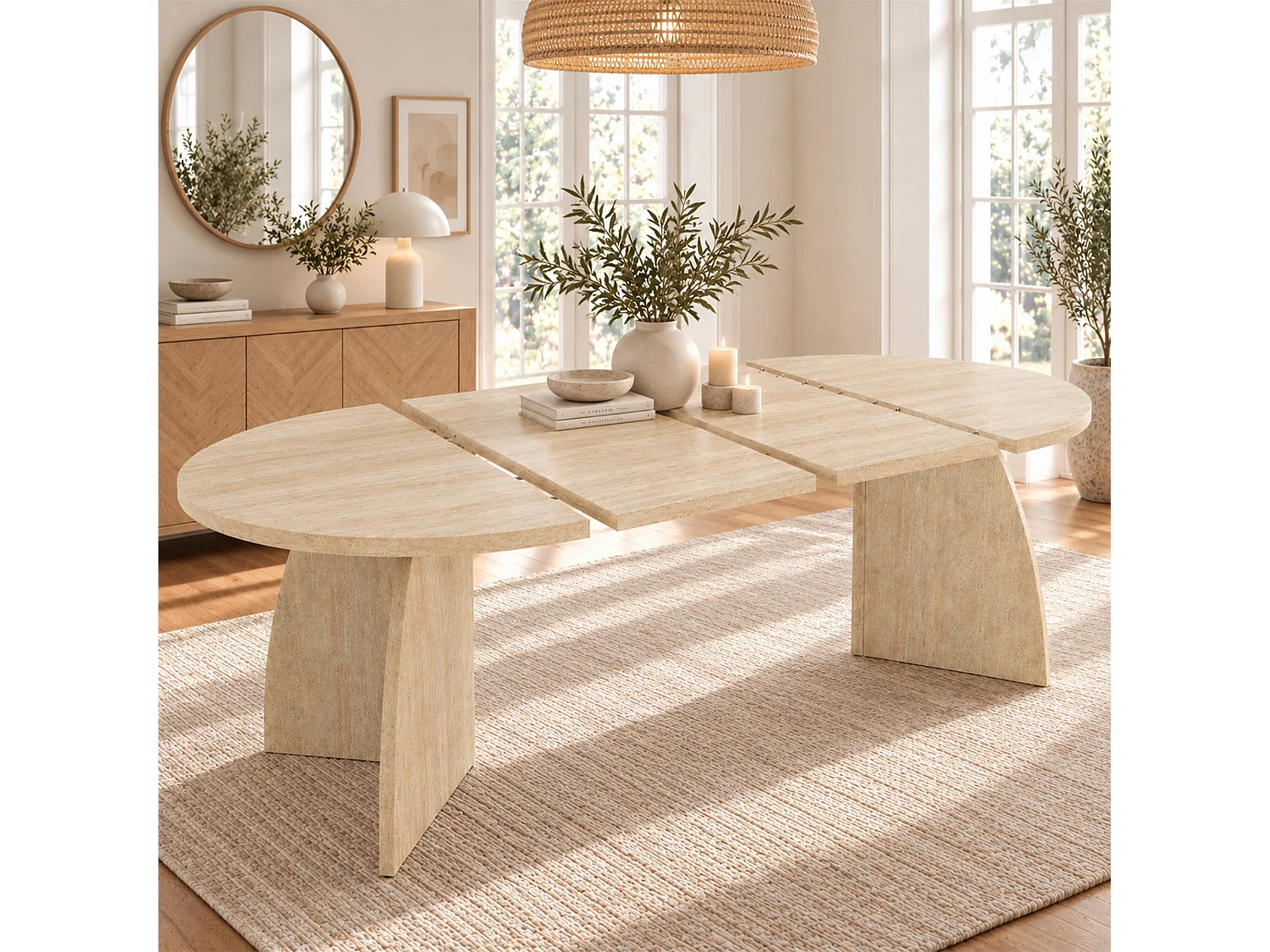 Extendable dining table 100/140/180 x 100 cm - Capacity for 4 to 8 people - Oval travertine top - Natural