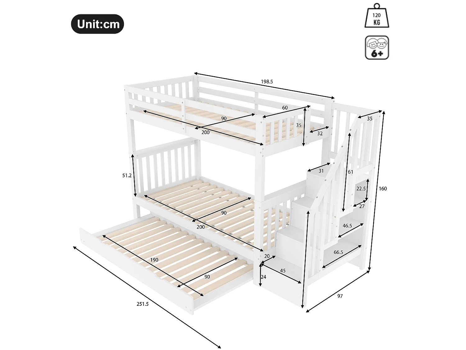 Kinderstapelbed 90 x 200 cm met uitschuifbed 90 x 190 cm en veiligheidshekjes – Grenen en MDF – Wit (Matras niet inbegrepen)