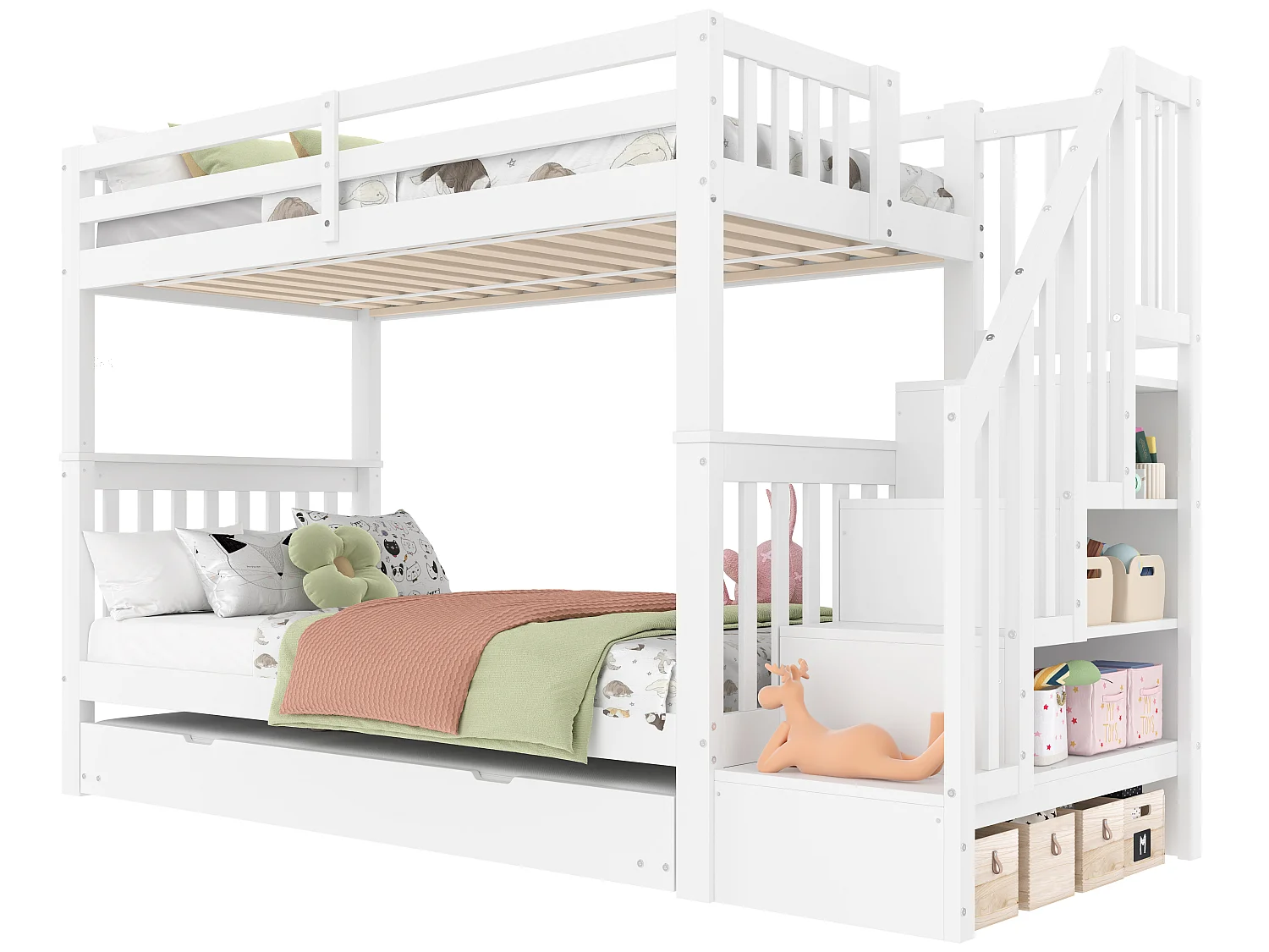 Kinderstapelbed 90 x 200 cm met uitschuifbed 90 x 190 cm en veiligheidshekjes – Grenen en MDF – Wit (Matras niet inbegrepen)
