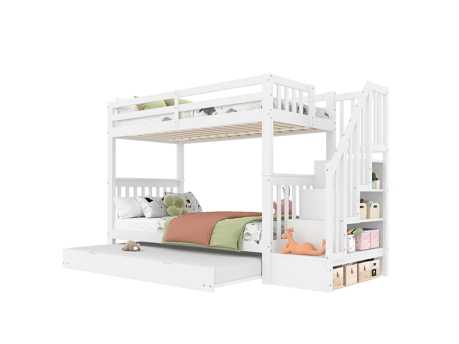 Kinderstapelbed 90 x 200 cm met uitschuifbed 90 x 190 cm en veiligheidshekjes – Grenen en MDF – Wit (Matras niet inbegrepen)
