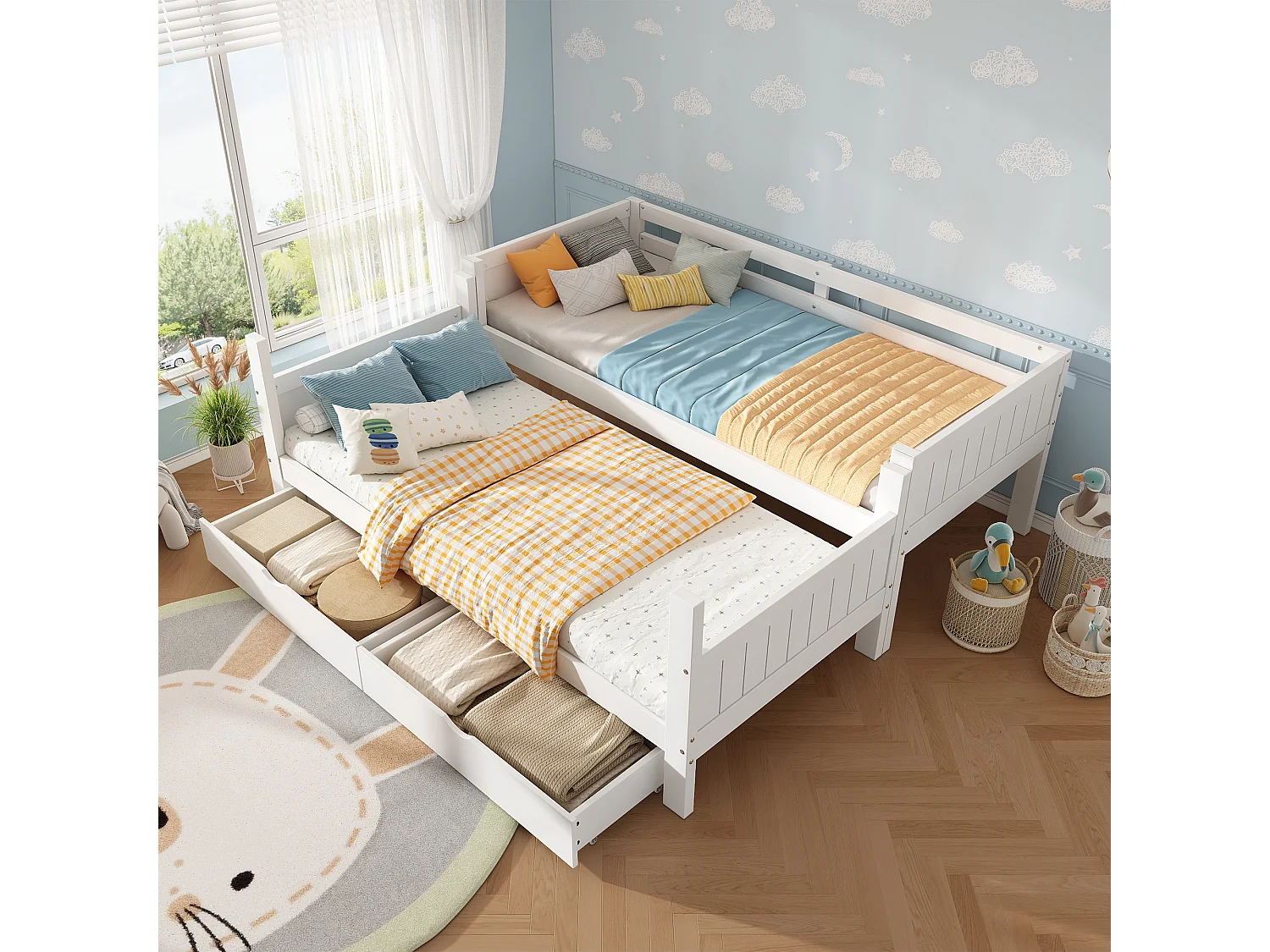 Children's bunk bed 90x200 cm - with 2 drawers - with ladder - can be separated into two single beds - Solid wood + MDF - White (without mattress)