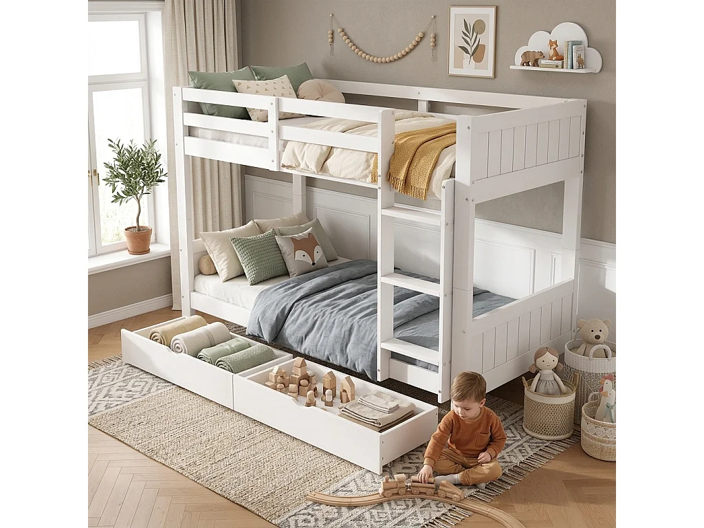 Children's bunk bed 90x200 cm - with 2 drawers - with ladder - can be separated into two single beds - Solid wood + MDF - White (without mattress)