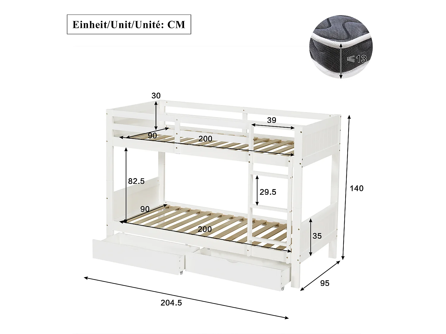 Children's bunk bed 90x200 cm - with 2 drawers - with ladder - can be separated into two single beds - Solid wood + MDF - White (without mattress)