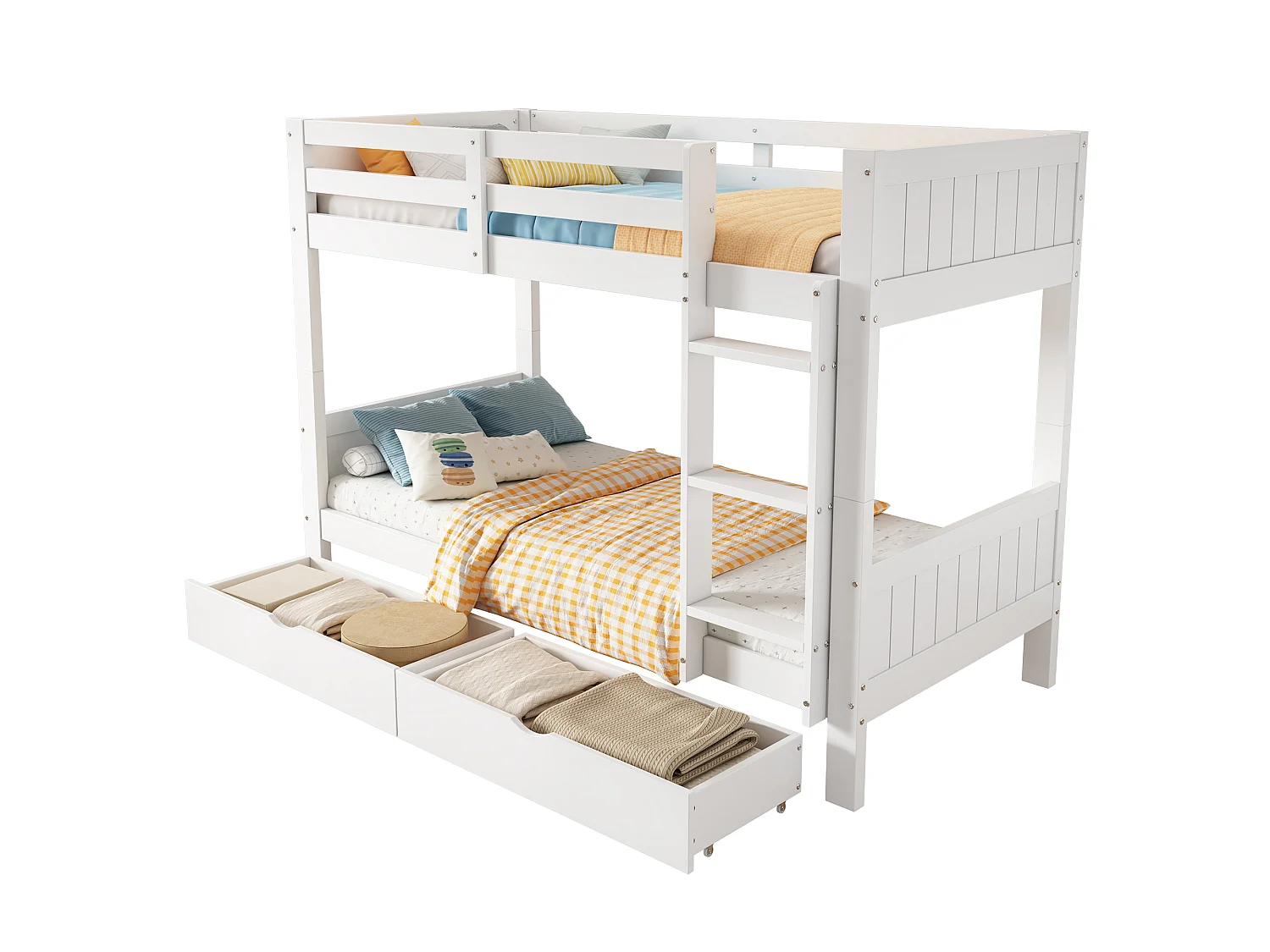 Children's bunk bed 90x200 cm - with 2 drawers - with ladder - can be separated into two single beds - Solid wood + MDF - White (without mattress)