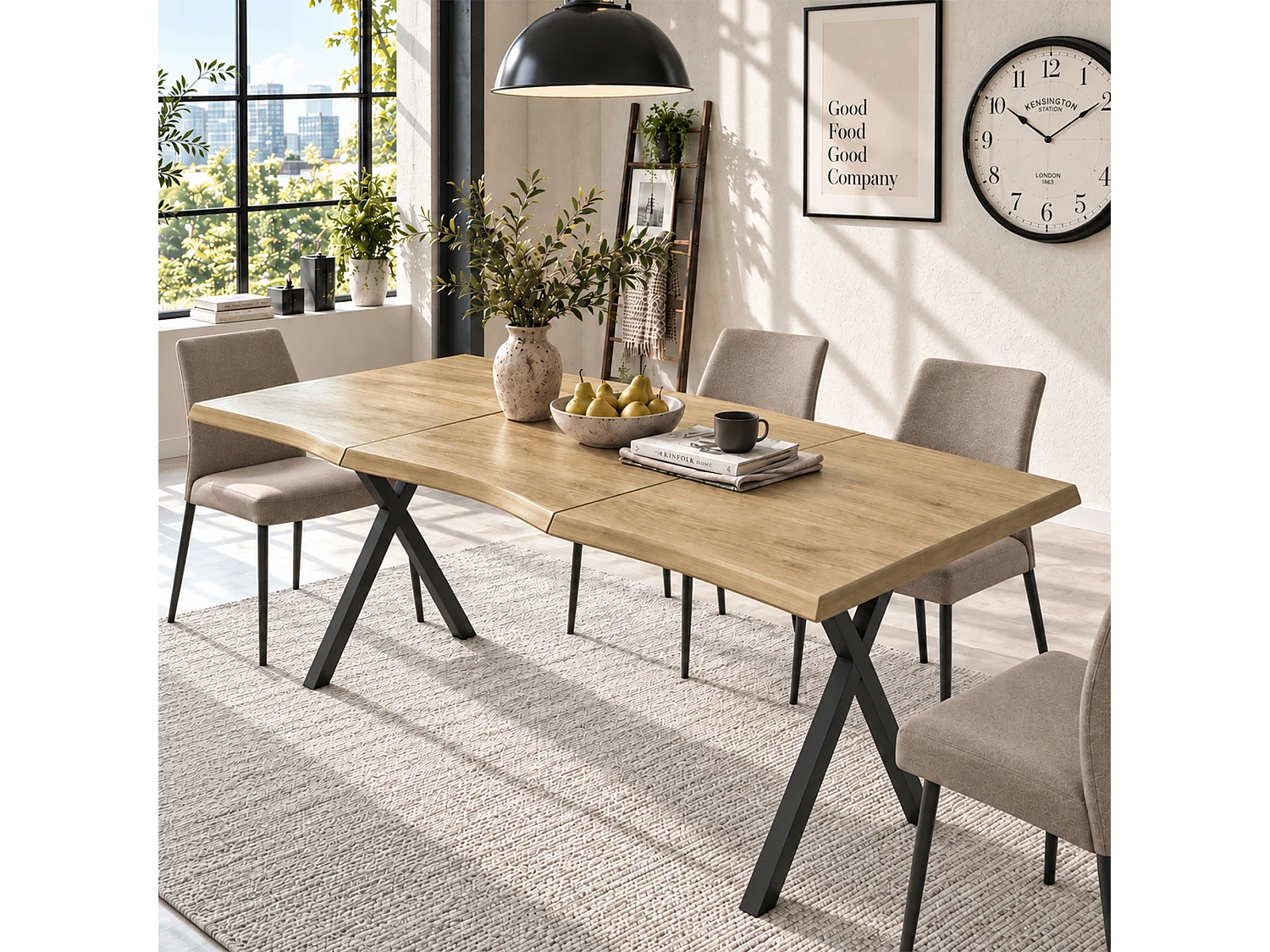 Rechteckiger Esstisch für 6 Personen, geschwungene Kanten, 28 mm starke Tischplatte, X-förmige Beine – MDF und Eisen – 180 x 78 x 75 cm – Natur