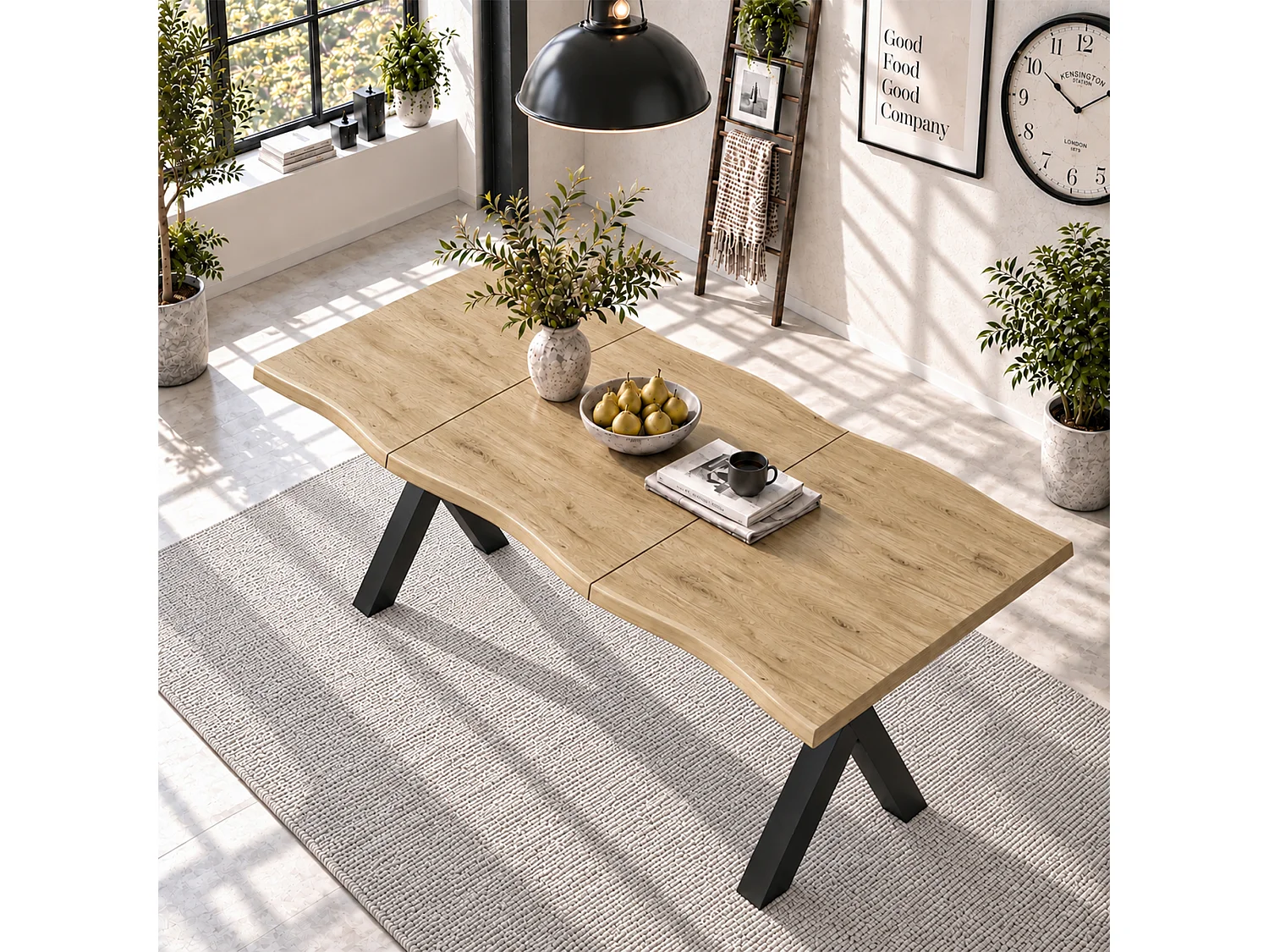 Rechteckiger Esstisch für 6 Personen, geschwungene Kanten, 28 mm starke Tischplatte, X-förmige Beine – MDF und Eisen – 180 x 78 x 75 cm – Natur