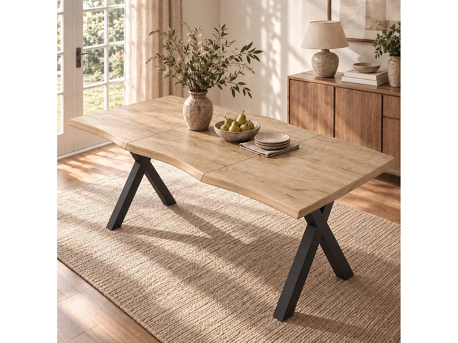 Rechteckiger Esstisch für 6 Personen, geschwungene Kanten, 28 mm starke Tischplatte, X-förmige Beine – MDF und Eisen – 180 x 78 x 75 cm – Natur