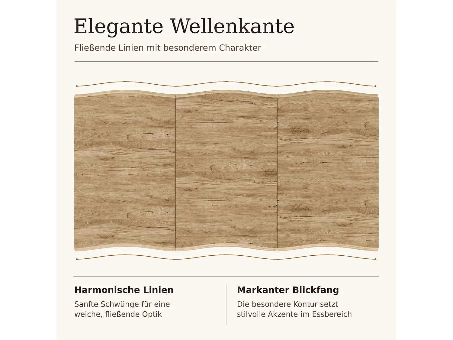 Rechteckiger Esstisch für 6 Personen, geschwungene Kanten, 28 mm starke Tischplatte, X-förmige Beine – MDF und Eisen – 180 x 78 x 75 cm – Natur