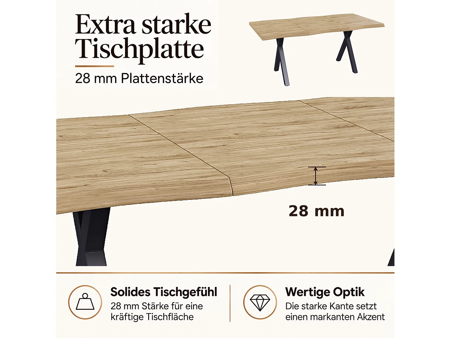 Rechteckiger Esstisch für 6 Personen, geschwungene Kanten, 28 mm starke Tischplatte, X-förmige Beine – MDF und Eisen – 180 x 78 x 75 cm – Natur