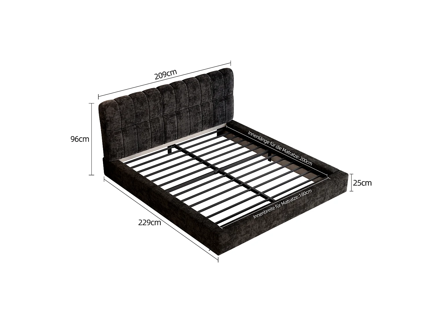 Lit rembourré 180 × 200 cm avec sommier à lattes métallique,lit double rembourré avec revêtement en velours et rembourrage en mousse,cadre de lit noir, sans matelas