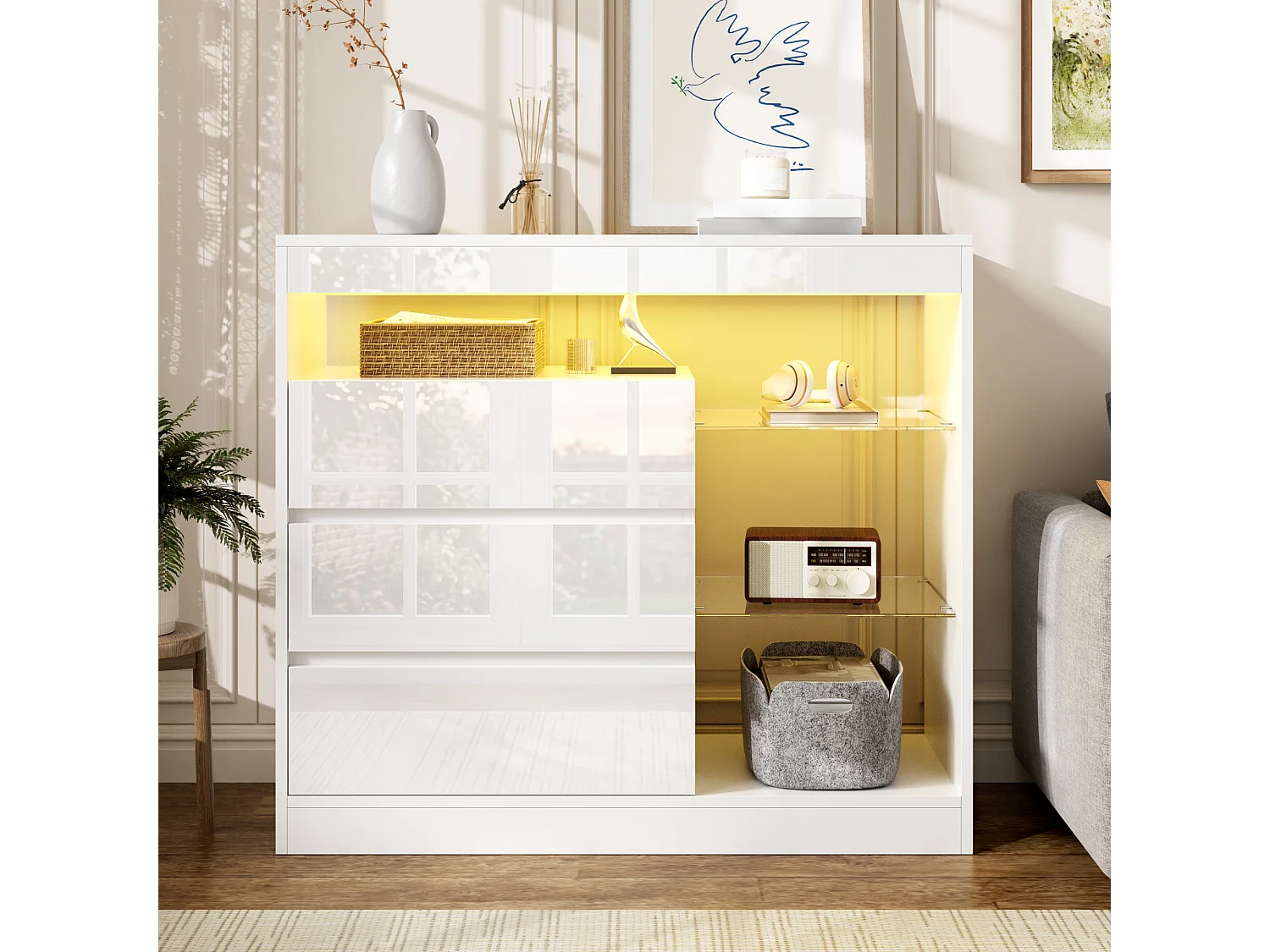 Modern sideboard 90x35x80cm - with LED lighting - with 3 drawers and glass shelves - White