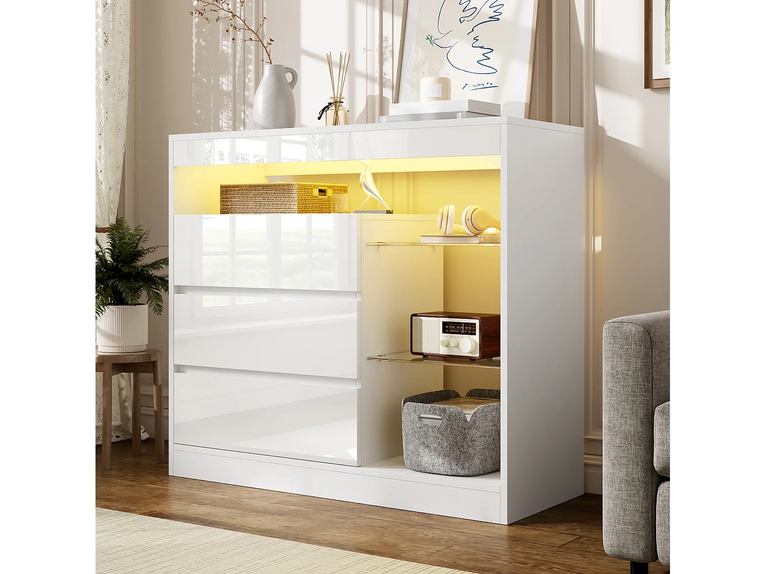 Modern sideboard 90x35x80cm - with LED lighting - with 3 drawers and glass shelves - White