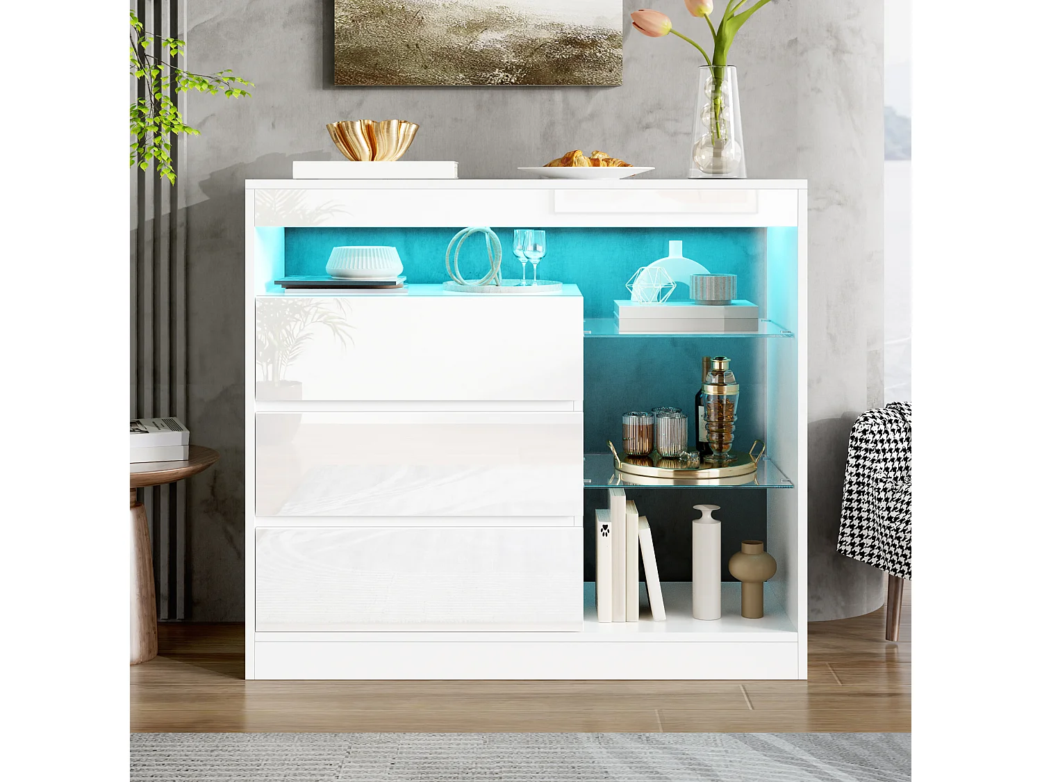 Modern sideboard 90x35x80cm - with LED lighting - with 3 drawers and glass shelves - White