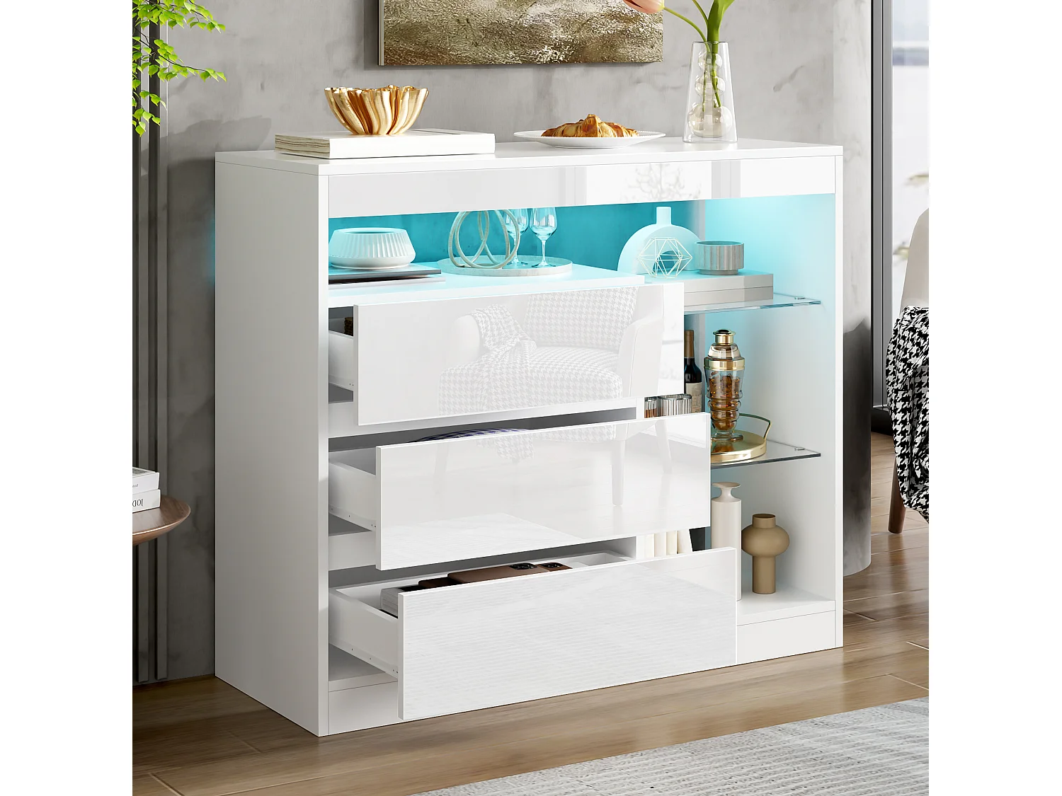 Modern sideboard 90x35x80cm - with LED lighting - with 3 drawers and glass shelves - White