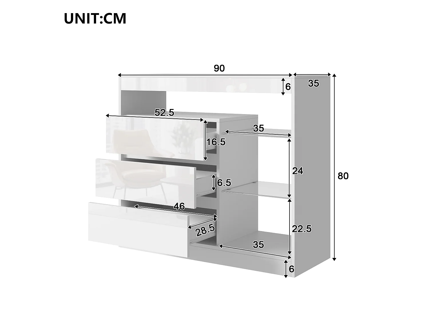 Modern sideboard 90x35x80cm - with LED lighting - with 3 drawers and glass shelves - White