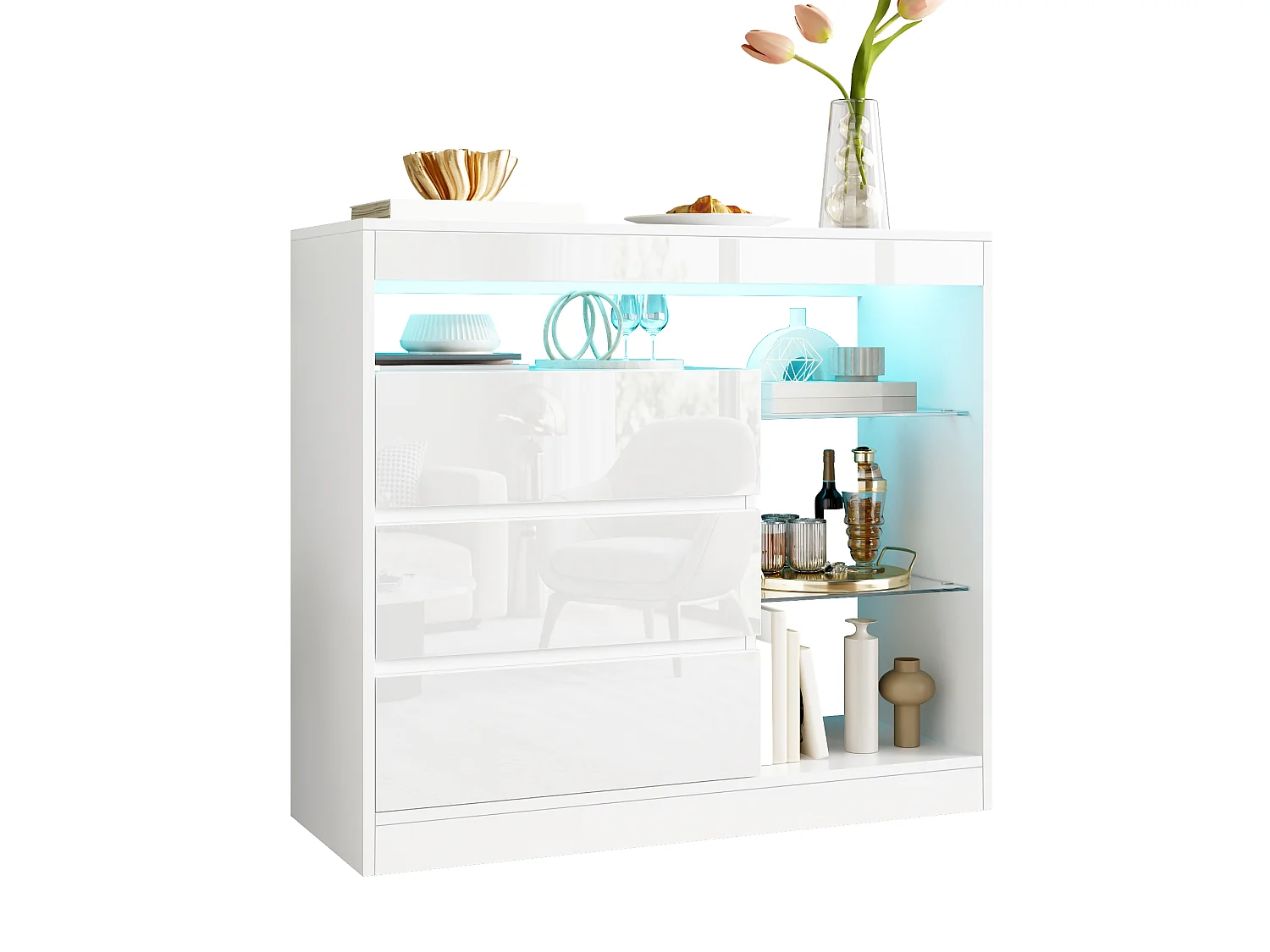 Modern sideboard 90x35x80cm - with LED lighting - with 3 drawers and glass shelves - White