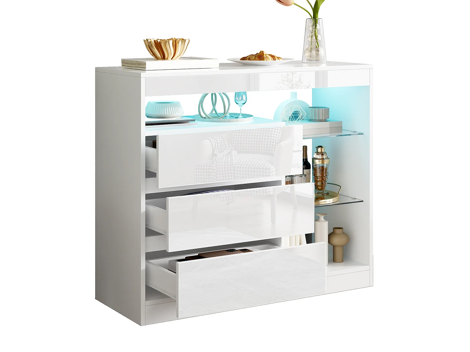 Modern sideboard 90x35x80cm - with LED lighting - with 3 drawers and glass shelves - White