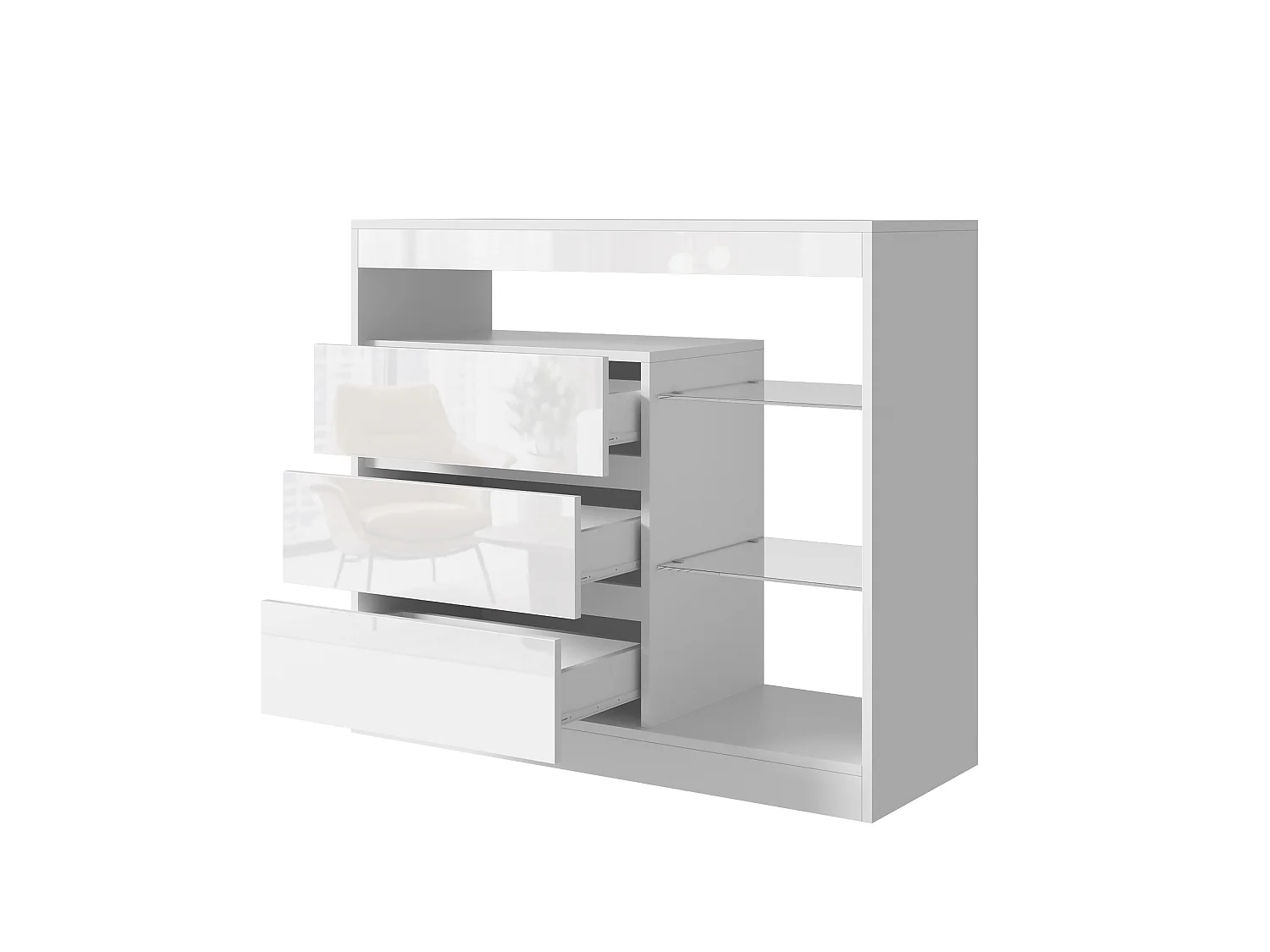 Modern sideboard 90x35x80cm - with LED lighting - with 3 drawers and glass shelves - White