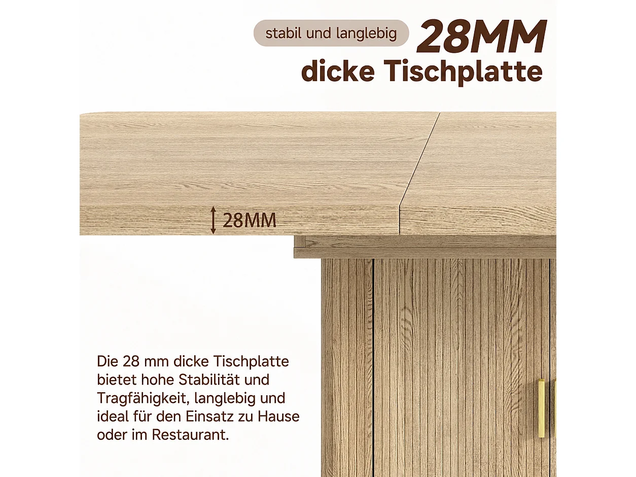Ausziehbarer Esstisch für 6 bis 8 Personen mit Stauraum, 28 mm dicke Tischplatte, abgerundete Kanten – MDF – 150-200 x 90 x 75 cm –Eiche