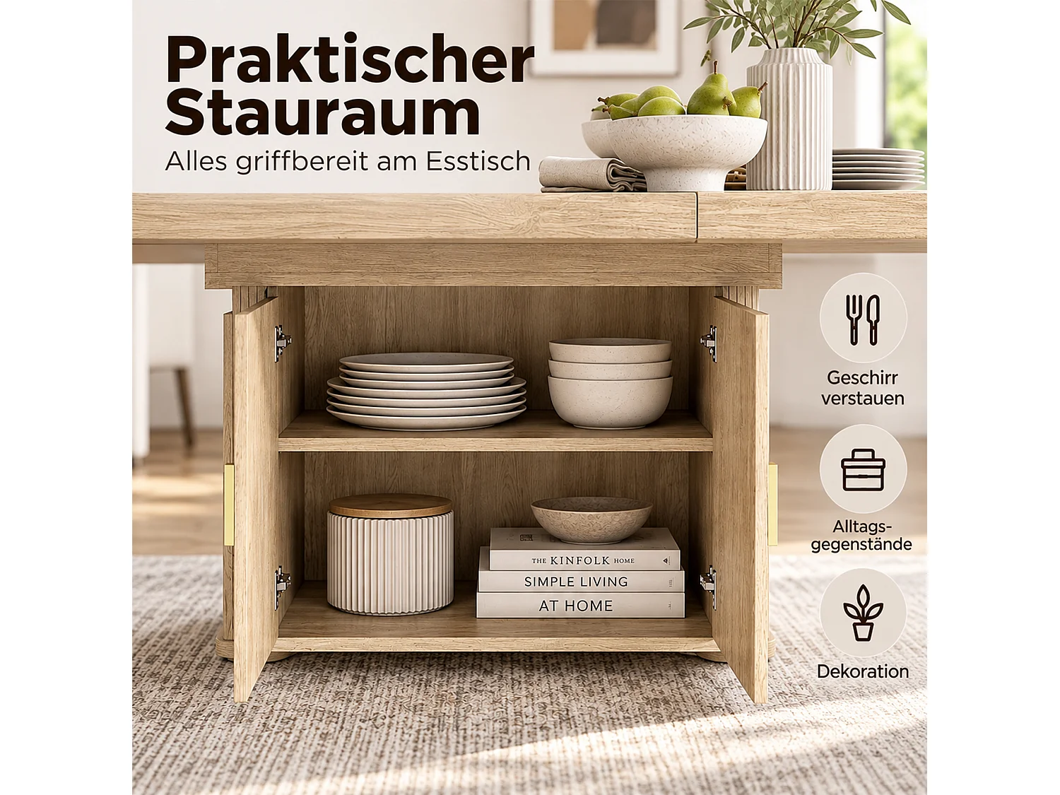Ausziehbarer Esstisch für 6 bis 8 Personen mit Stauraum, 28 mm dicke Tischplatte, abgerundete Kanten – MDF – 150-200 x 90 x 75 cm –Eiche
