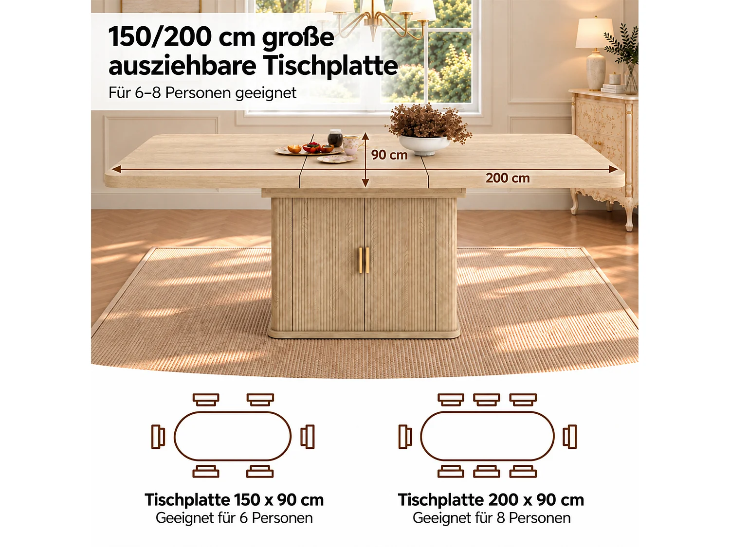 Ausziehbarer Esstisch für 6 bis 8 Personen mit Stauraum, 28 mm dicke Tischplatte, abgerundete Kanten – MDF – 150-200 x 90 x 75 cm –Eiche