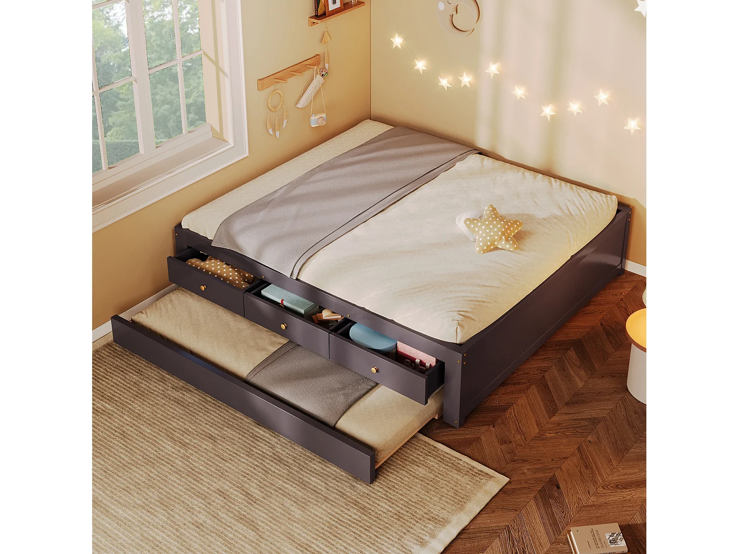 Double bed 140x200 cm - With trundle bed 90x190 cm and 3 drawers - Slatted base - MDF+Pine - Brown (without mattress)