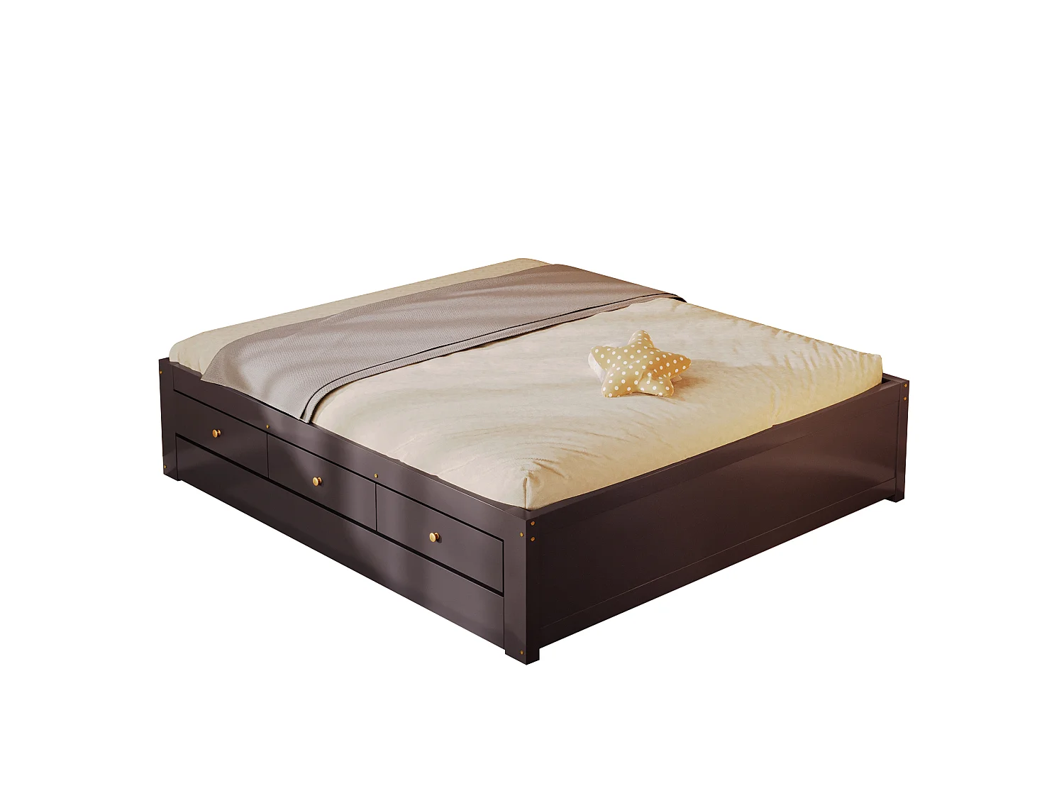 Double bed 140x200 cm - With trundle bed 90x190 cm and 3 drawers - Slatted base - MDF+Pine - Brown (without mattress)