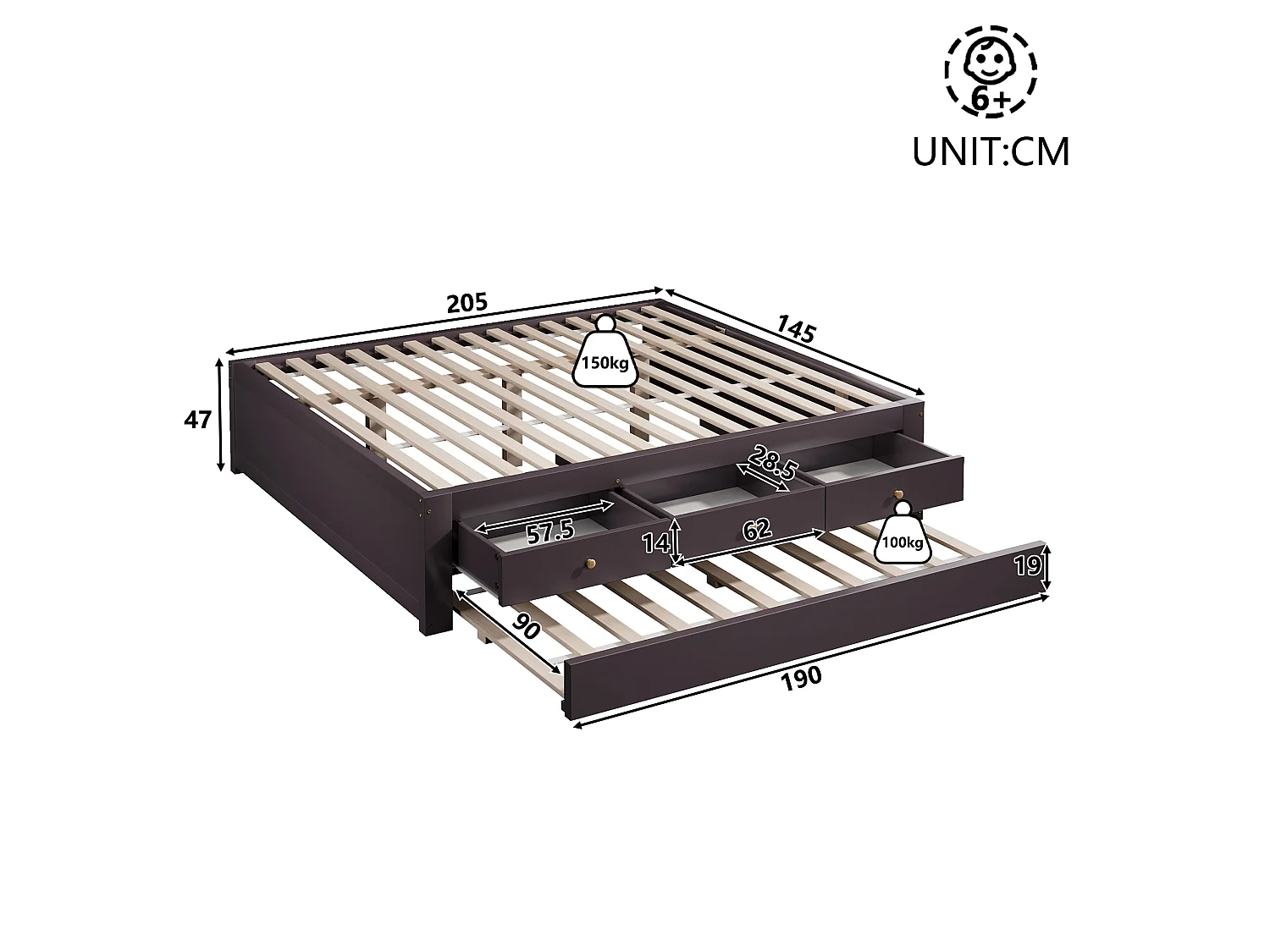 Double bed 140x200 cm - With trundle bed 90x190 cm and 3 drawers - Slatted base - MDF+Pine - Brown (without mattress)