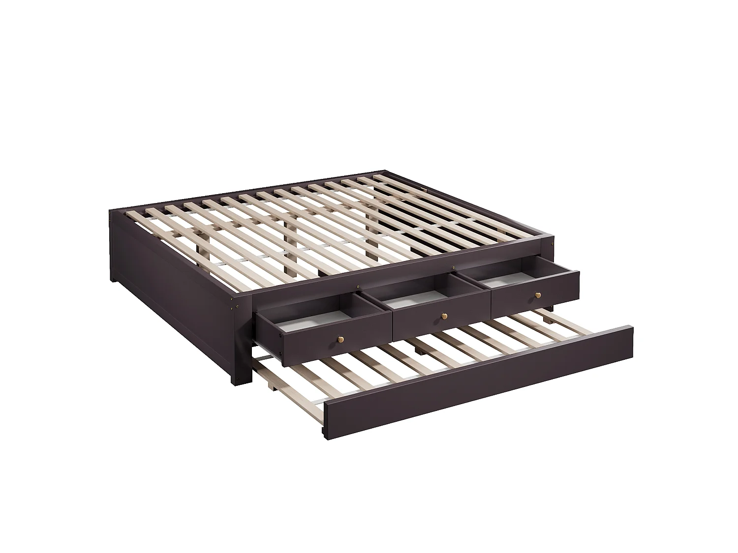 Double bed 140x200 cm - With trundle bed 90x190 cm and 3 drawers - Slatted base - MDF+Pine - Brown (without mattress)