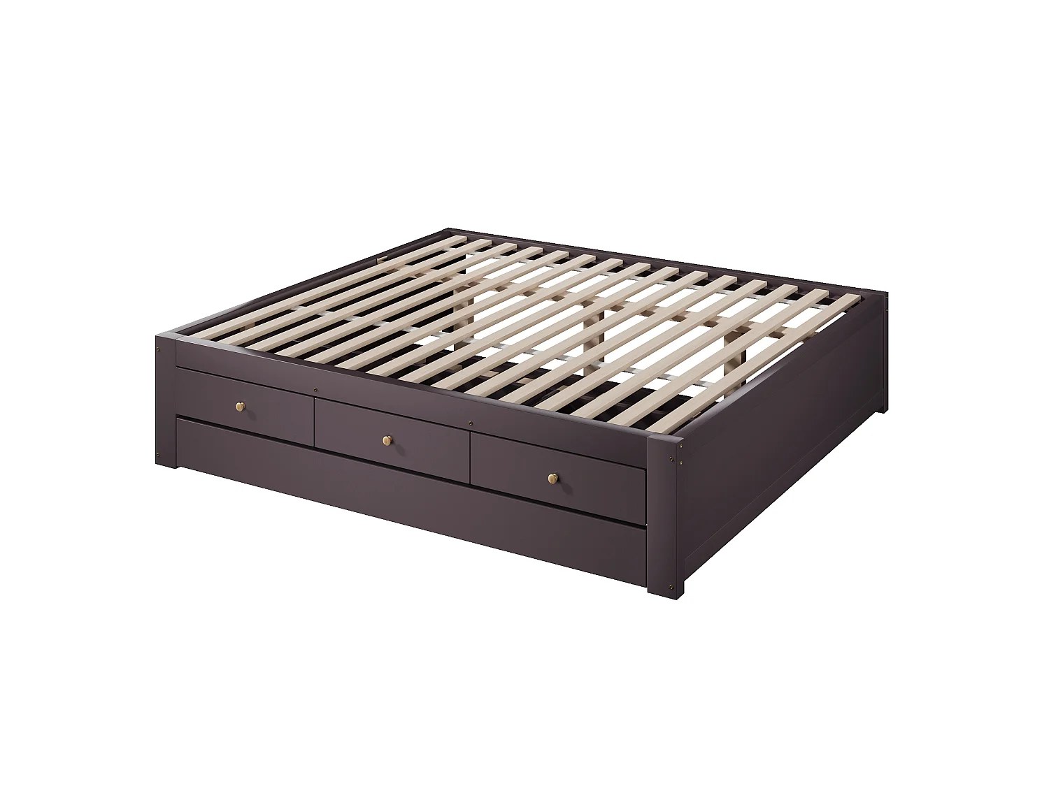 Double bed 140x200 cm - With trundle bed 90x190 cm and 3 drawers - Slatted base - MDF+Pine - Brown (without mattress)