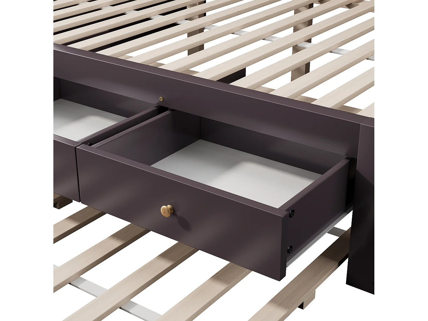 Double bed 140x200 cm - With trundle bed 90x190 cm and 3 drawers - Slatted base - MDF+Pine - Brown (without mattress)